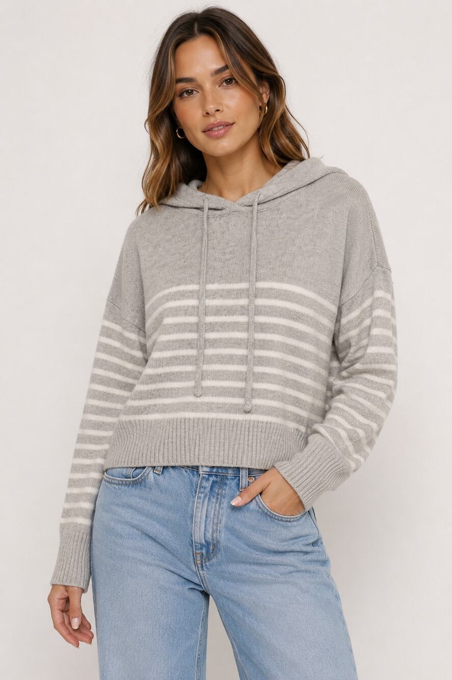 Design History Gray White Striped Knit Hoodie Sweater Pullover Size S NWT 023